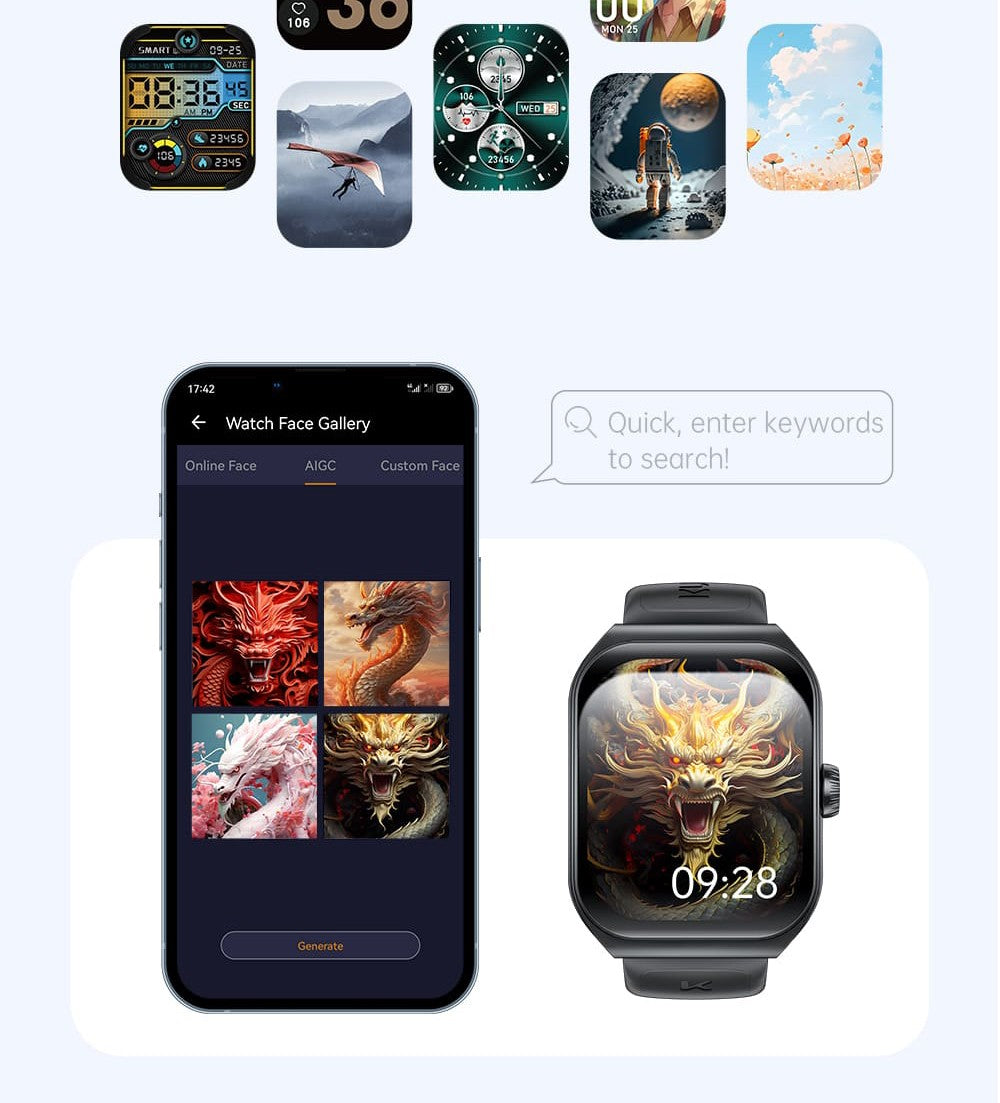 KUMI KU7 Smartwatch, 1.96'' AMOLED Screen, Bluetooth Calling, Health Monitoring, Stock Market Information, 100 Sports Modes - Black