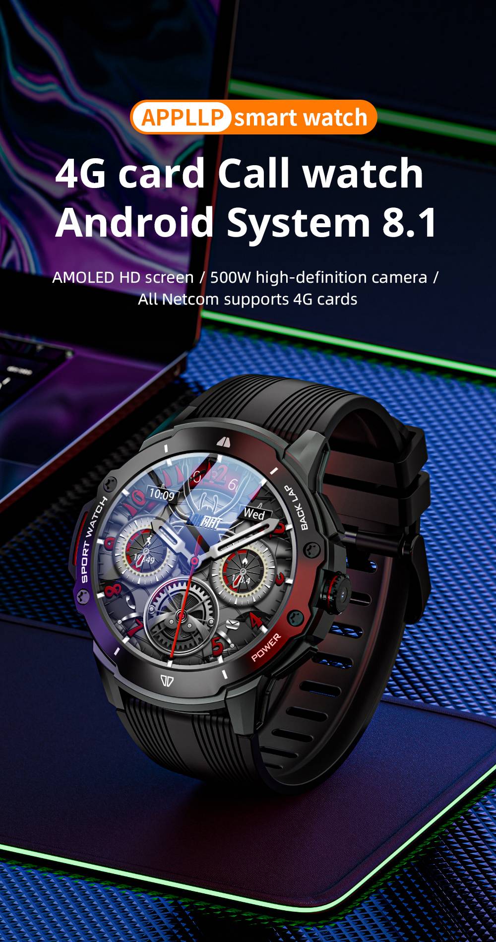 LOKMAT APPLLP 4G Smartwatch, AMOLED HD Screen, NFC Access, Heart Rate Health Monitoring, Bluetooth 4.2, Multiple Sports Modes, GPS/Beidou/Granas/AGPS/LBS Positioning