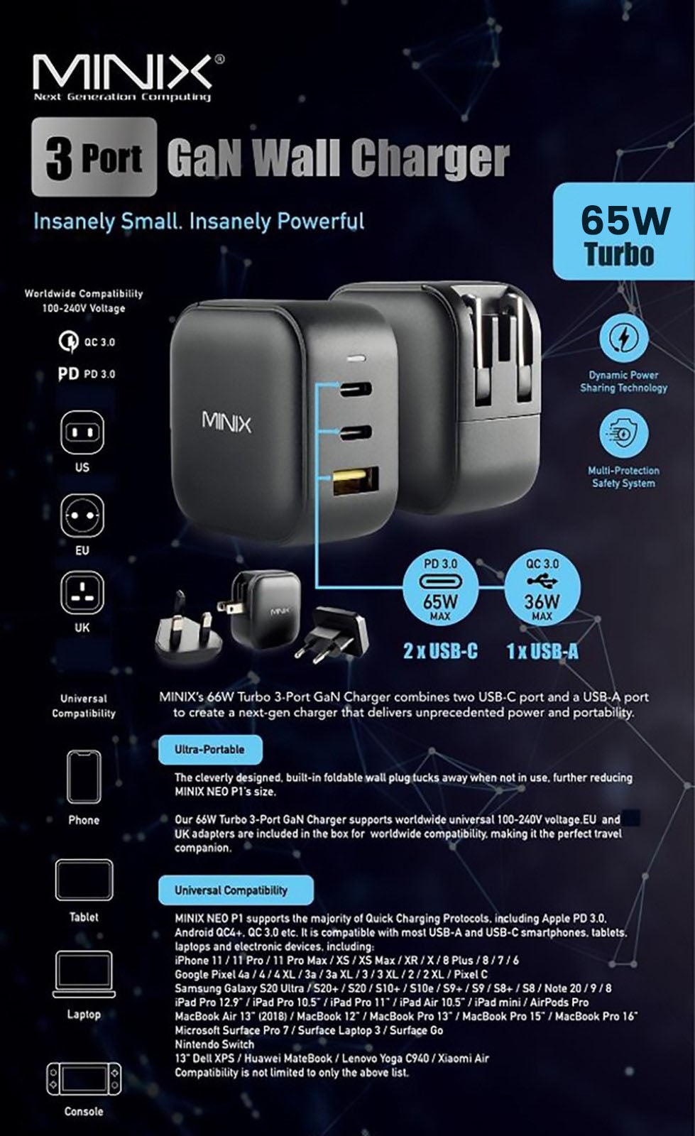 MINIX P1 GaN Quick Charger 65W Max Output, 1*USB-A, 2*USB-C Ports