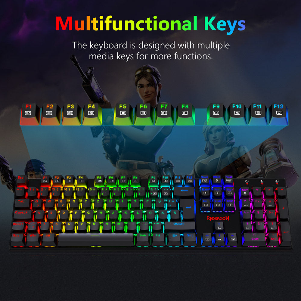 Redragon 105-Key K565-RGB Mechanical Keyboard RGB Backlight German Layout Aluminum Base Red Switch - Black