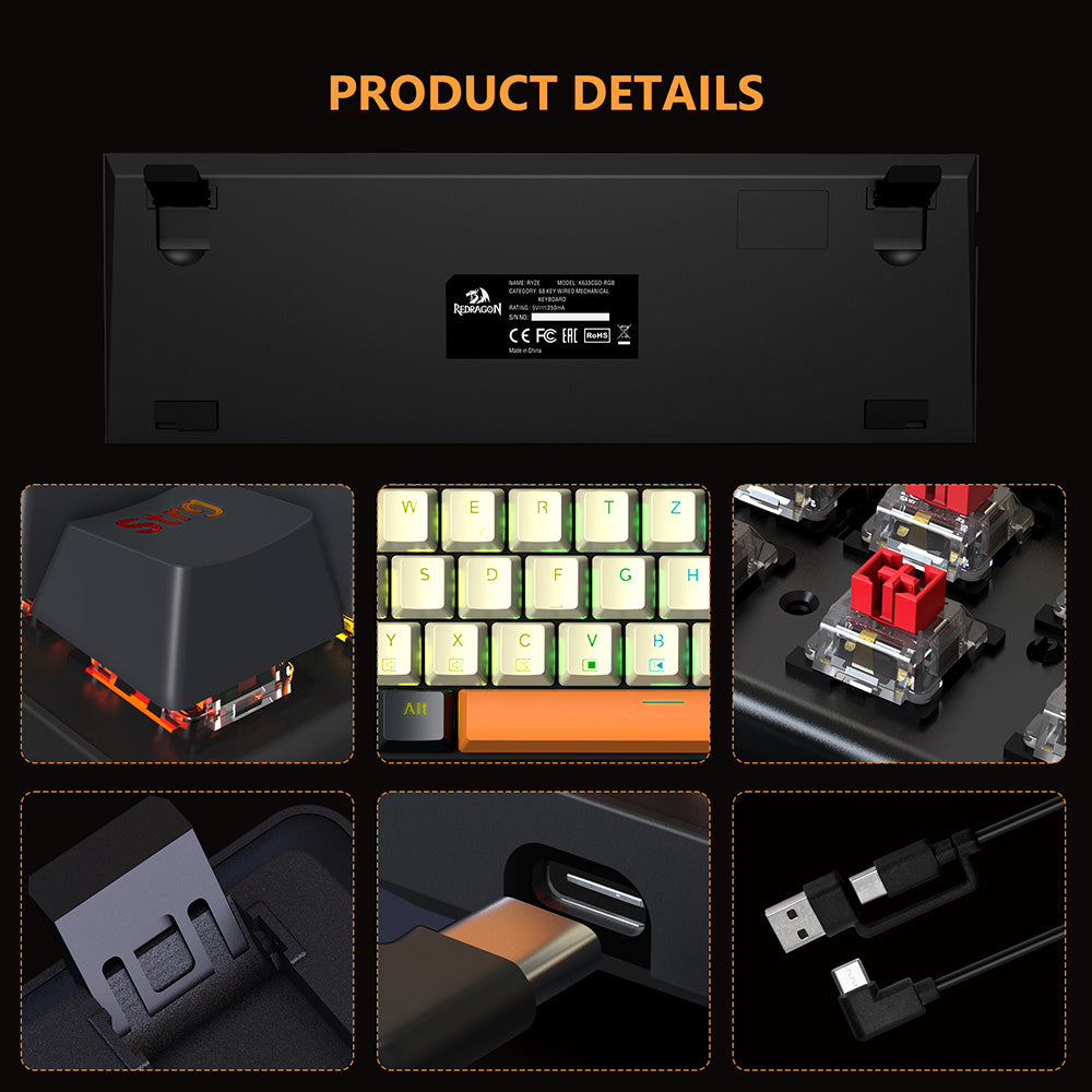 Redragon QWERTZ German Layout K633CGO-RGB Ryze 68-Key Mechanical Gaming Keyboard, Red Switch RGB Backlight Metal Panel USB-C Wired Connection, Hot-Swappable Mechanical Switches Programmable Keys Colorful PBT Keycaps with 4 Extra Outemu Switches
