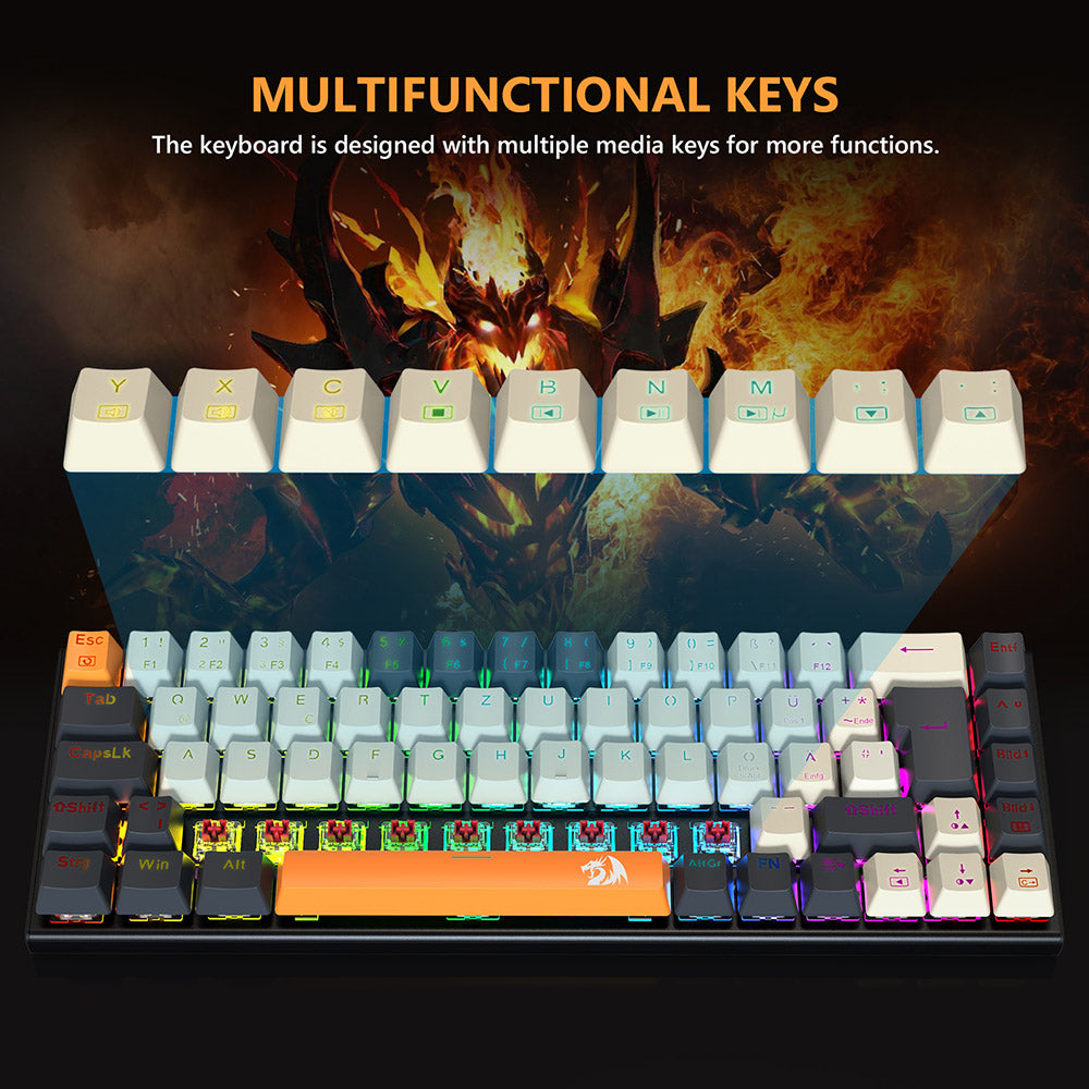 Redragon QWERTZ German Layout K633CGO-RGB Ryze 68-Key Mechanical Gaming Keyboard, Red Switch RGB Backlight Metal Panel USB-C Wired Connection, Hot-Swappable Mechanical Switches Programmable Keys Colorful PBT Keycaps with 4 Extra Outemu Switches