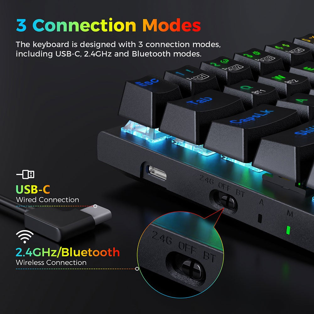 Redragon K633RGB-PRO Ryze Pro 68 Key Bluetooth/2.4Ghz/Wired Tri-Mode Mechanical Keyboard RGB Backlight Red Switch - Black