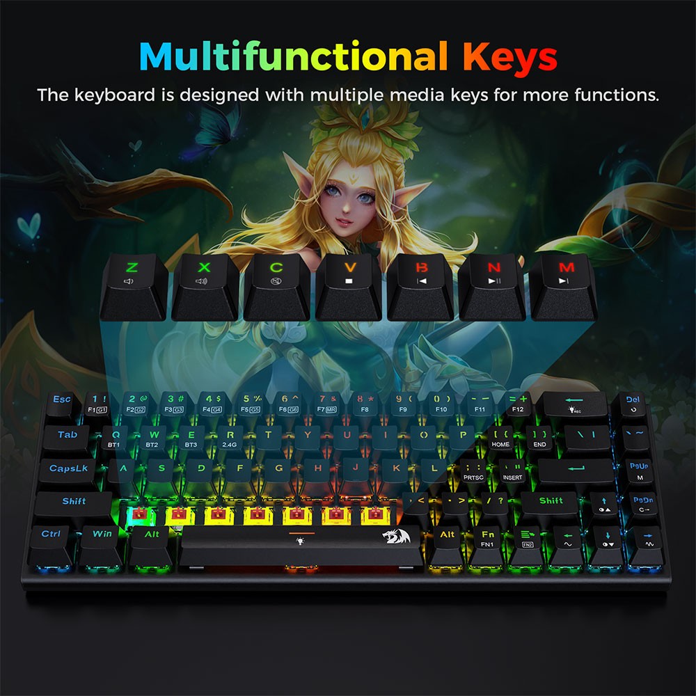 Redragon K633RGB-PRO Ryze Pro 68 Key Bluetooth/2.4Ghz/Wired Tri-Mode Mechanical Keyboard RGB Backlight Red Switch - Black