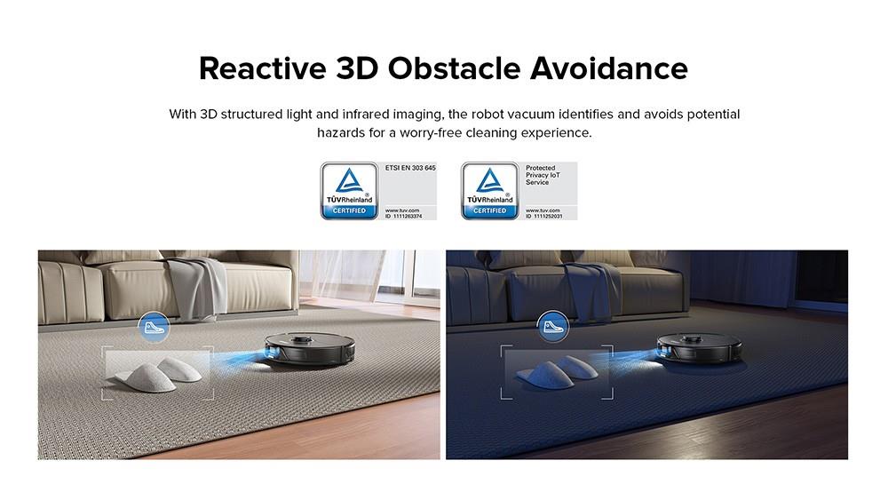 Roborock S8 Robot Vacuum Cleaner 6000Pa Extreme Suction DuoRoller Brush 3D Structured Light Obstacle Avoidance Sonic Vibration Mopping Auto-Lifting Mop 5200mAh Battery 180min Runtime 3D Map 400ml Dustbin APP Control - Black (Upgrade from Roborock S7)