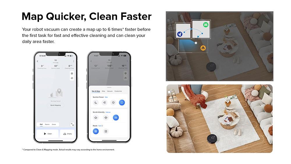 Roborock S8 Robot Vacuum Cleaner 6000Pa Extreme Suction DuoRoller Brush 3D Structured Light Obstacle Avoidance Sonic Vibration Mopping Auto-Lifting Mop 5200mAh Battery 180min Runtime 3D Map 400ml Dustbin APP Control - Black (Upgrade from Roborock S7)