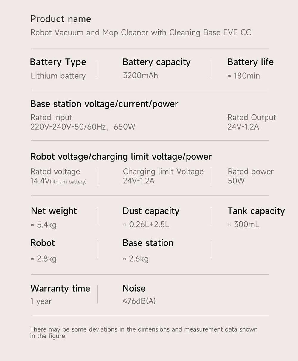 Xiaomi ROIDMI EVE CC Robot Vacuum Cleaner Automatic Dust Collection 2-in-1 Vacuuming Mopping 4000Pa Powerful Suction LDS Laser Navigation 3200mAh Battery 180Mins Runtime 290ML Water Tank 260ML Dust Box APP Control - White