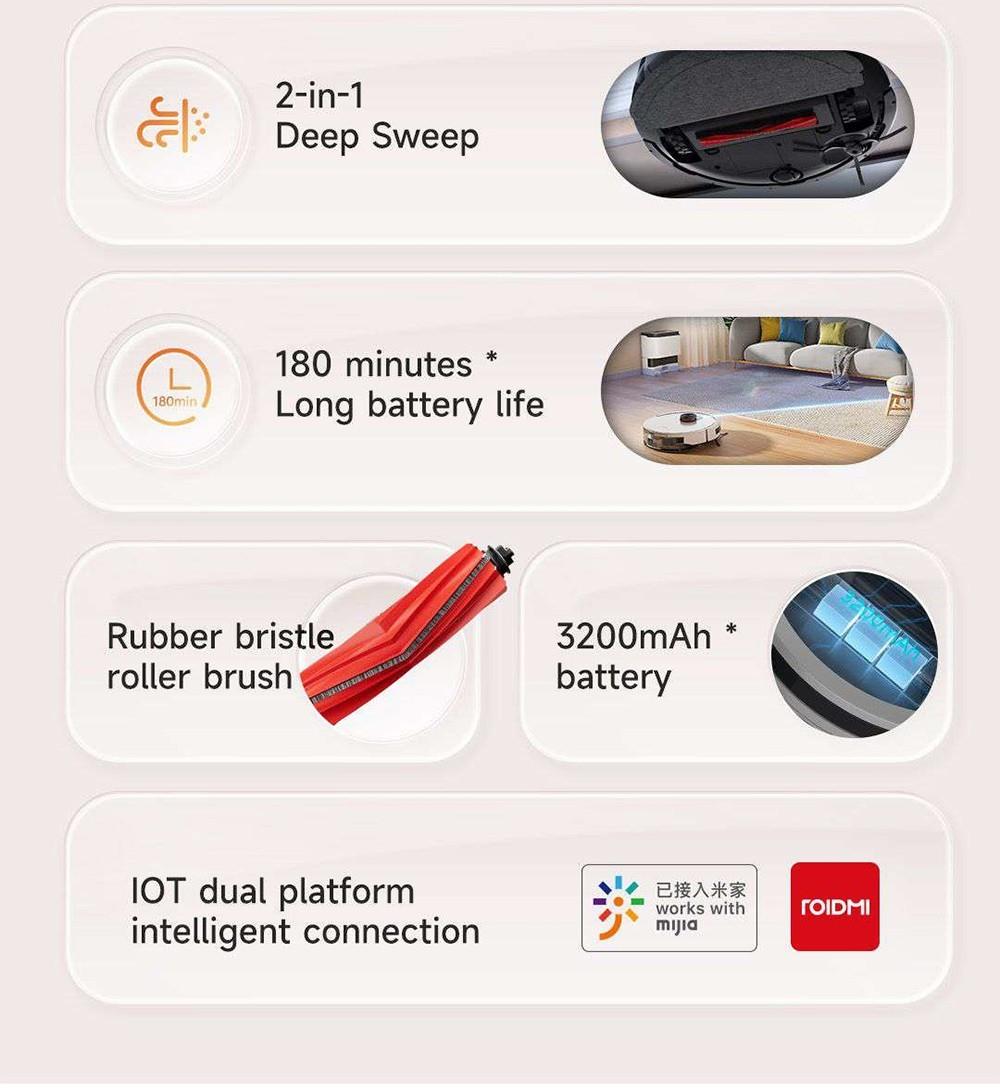 Xiaomi ROIDMI EVE CC Robot Vacuum Cleaner Automatic Dust Collection 2-in-1 Vacuuming Mopping 4000Pa Powerful Suction LDS Laser Navigation 3200mAh Battery 180Mins Runtime 290ML Water Tank 260ML Dust Box APP Control - White