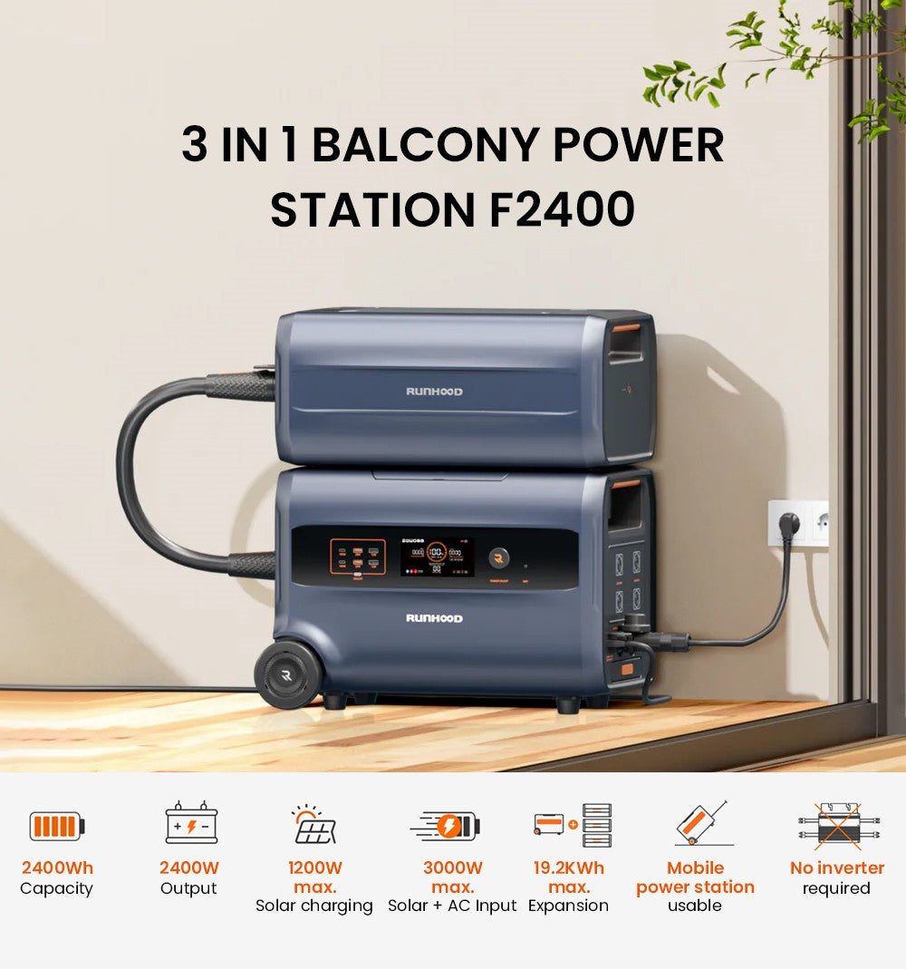 RUNHOOD F2400 Portable Power Station, 2400W 2400Wh LiFePO4 Battery, 4800W Peak Power, Outdoor Generator, Balcony Power Storage System
