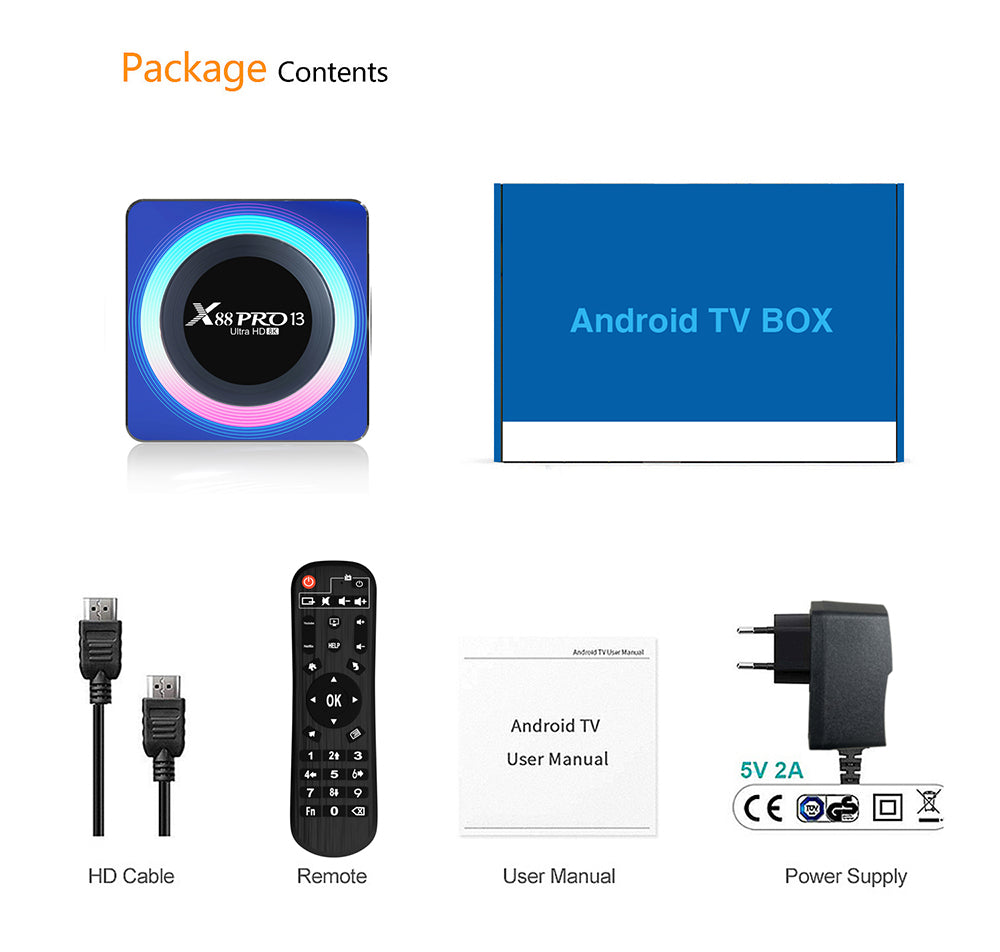 X88 Pro 13 Android 13 TV Box, RK3528 Quad-core, 2GB RAM 16GB ROM, Support 8K Video Decoding, Bluetooth 5.0, WiFi 6, 1*USB3.0, 1*USB2.0, 1*HDMI, 1*RJ451, 1*Micro SD Card