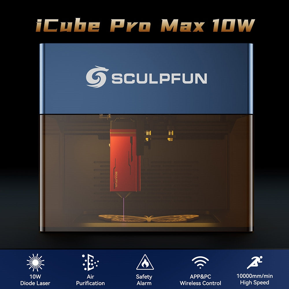 SCULPFUN iCube Pro Max 10W Laser Engraver, 0.08mm Laser Spot, 10000mm/min Engraving Speed, 32-bit Motherboard, Replaceable Lens, Smoke Filter, Temperature Alarm, App Connection, 120x120mm - EU Plug