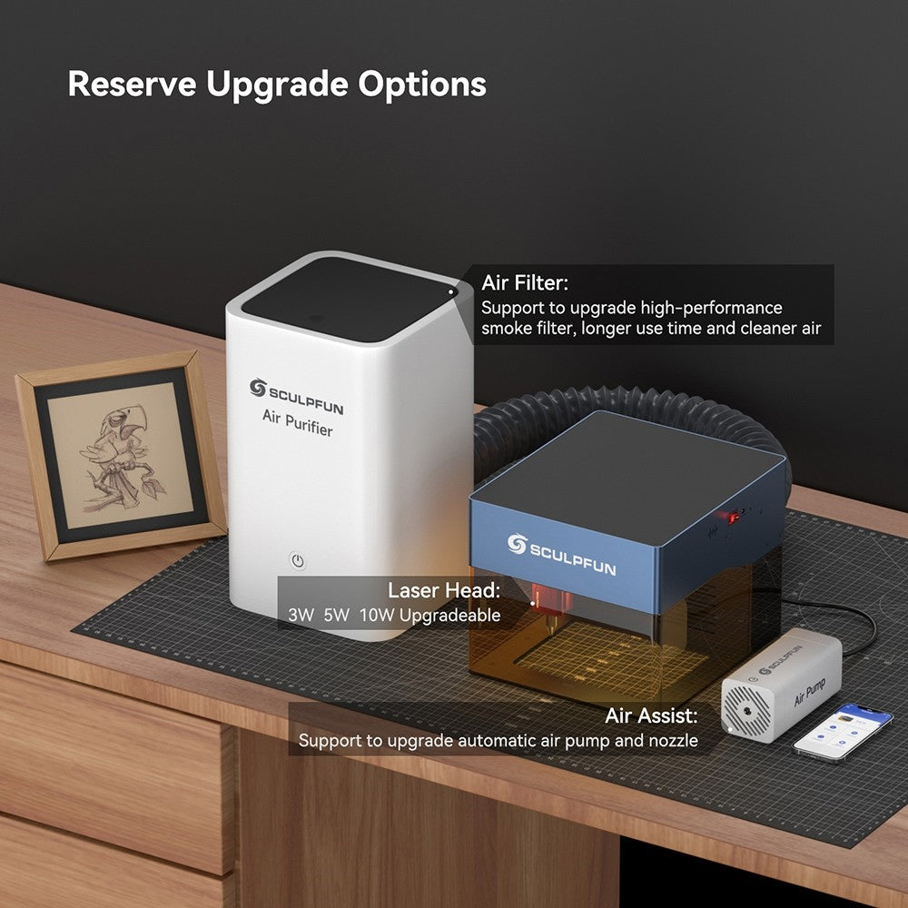 SCULPFUN iCube Pro Max 10W Laser Engraver, 0.08mm Laser Spot, 10000mm/min Engraving Speed, 32-bit Motherboard, Replaceable Lens, Smoke Filter, Temperature Alarm, App Connection, 120x120mm - EU Plug
