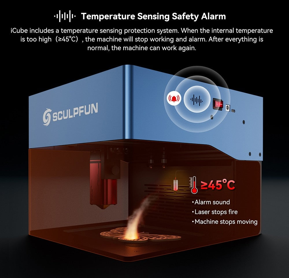 SCULPFUN iCube Pro Max 10W Laser Engraver, 0.08mm Laser Spot, 10000mm/min Engraving Speed, 32-bit Motherboard, Replaceable Lens, Smoke Filter, Temperature Alarm, App Connection, 120x120mm - EU Plug
