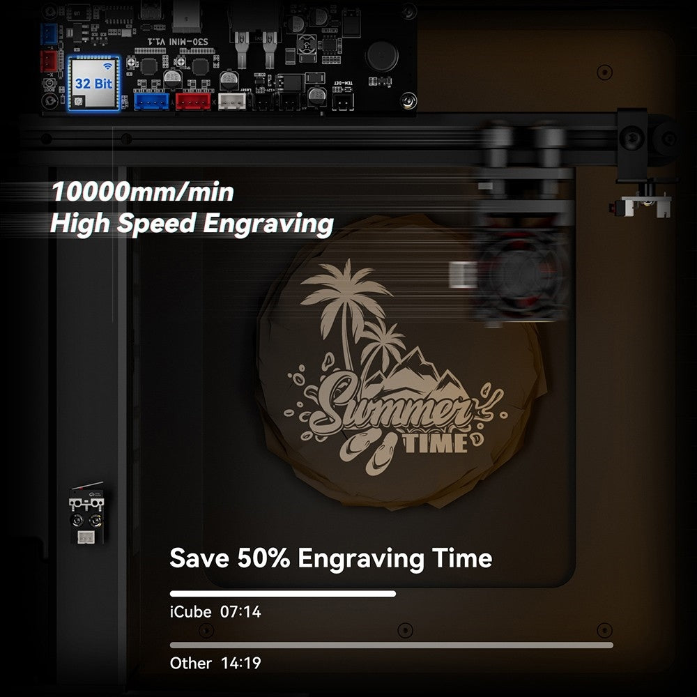 SCULPFUN iCube Pro Max 10W Laser Engraver, 0.08mm Laser Spot, 10000mm/min Engraving Speed, 32-bit Motherboard, Replaceable Lens, Smoke Filter, Temperature Alarm, App Connection, 120x120mm - EU Plug
