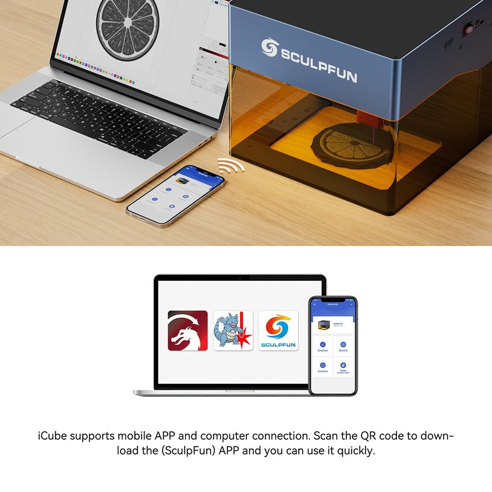 SCULPFUN iCube Pro Max 10W Laser Engraver, 0.08mm Laser Spot, 10000mm/min Engraving Speed, 32-bit Motherboard, Replaceable Lens, Smoke Filter, Temperature Alarm, App Connection, 120x120mm - EU Plug