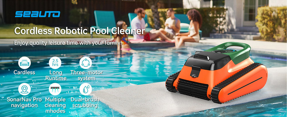 Seauto Crab Cordless Robotic Pool Cleaner, Up to 2.5H Runtime, 3.5L Large Filter Basket, Wall Climbing, Waterline Cleaning, 2.5H Fast Charging, Suitable for 2000sq.ft Area - Orange