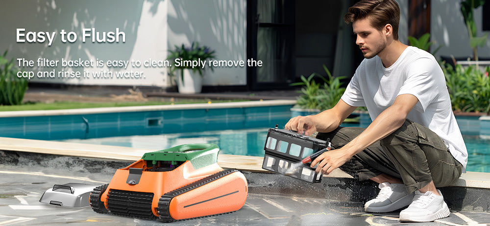 Seauto Crab Cordless Robotic Pool Cleaner, Up to 2.5H Runtime, 3.5L Large Filter Basket, Wall Climbing, Waterline Cleaning, 2.5H Fast Charging, Suitable for 2000sq.ft Area - Orange