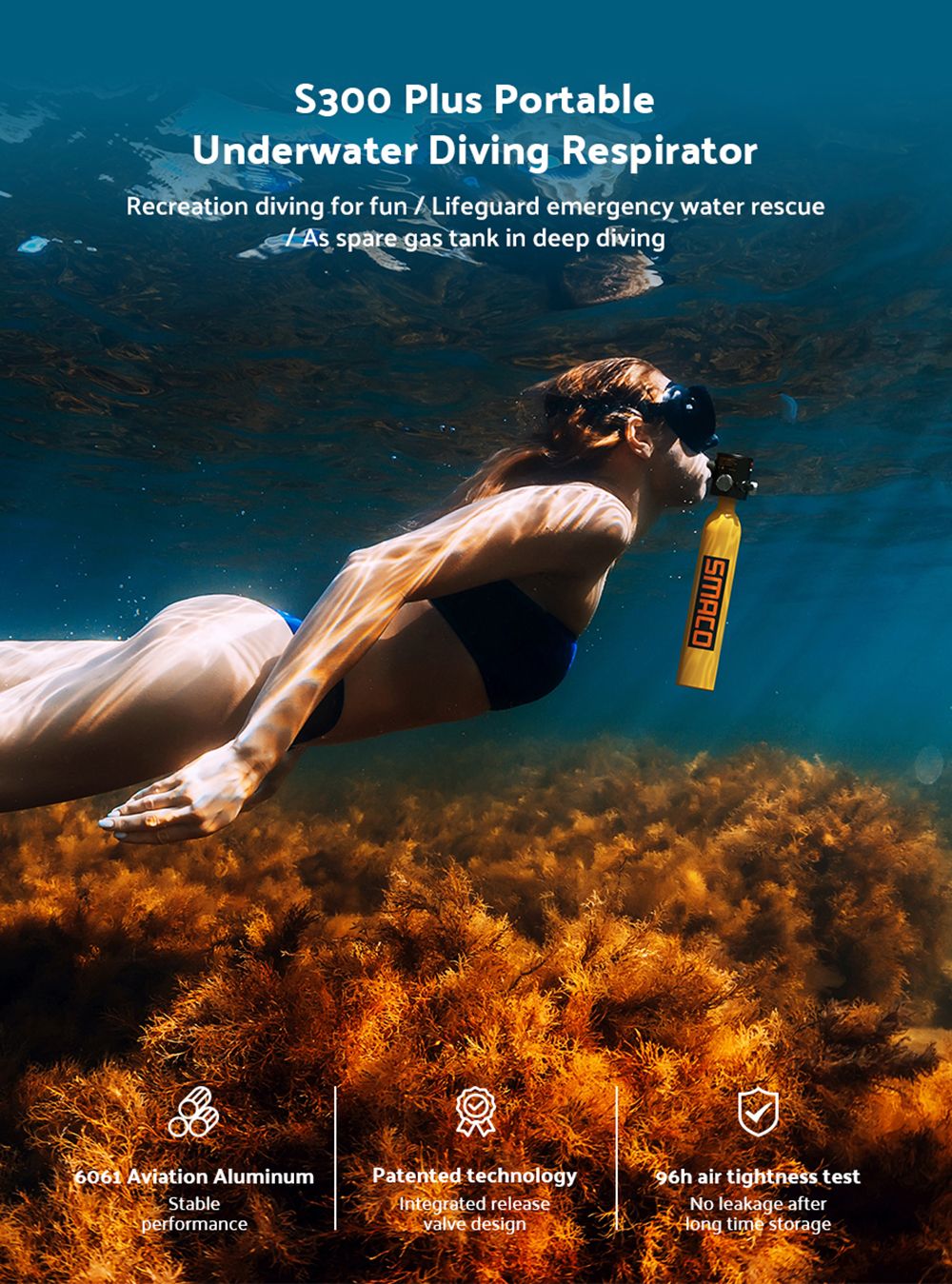 SMACO S300 Plus 0.5L Mini Scuba Tank - Black