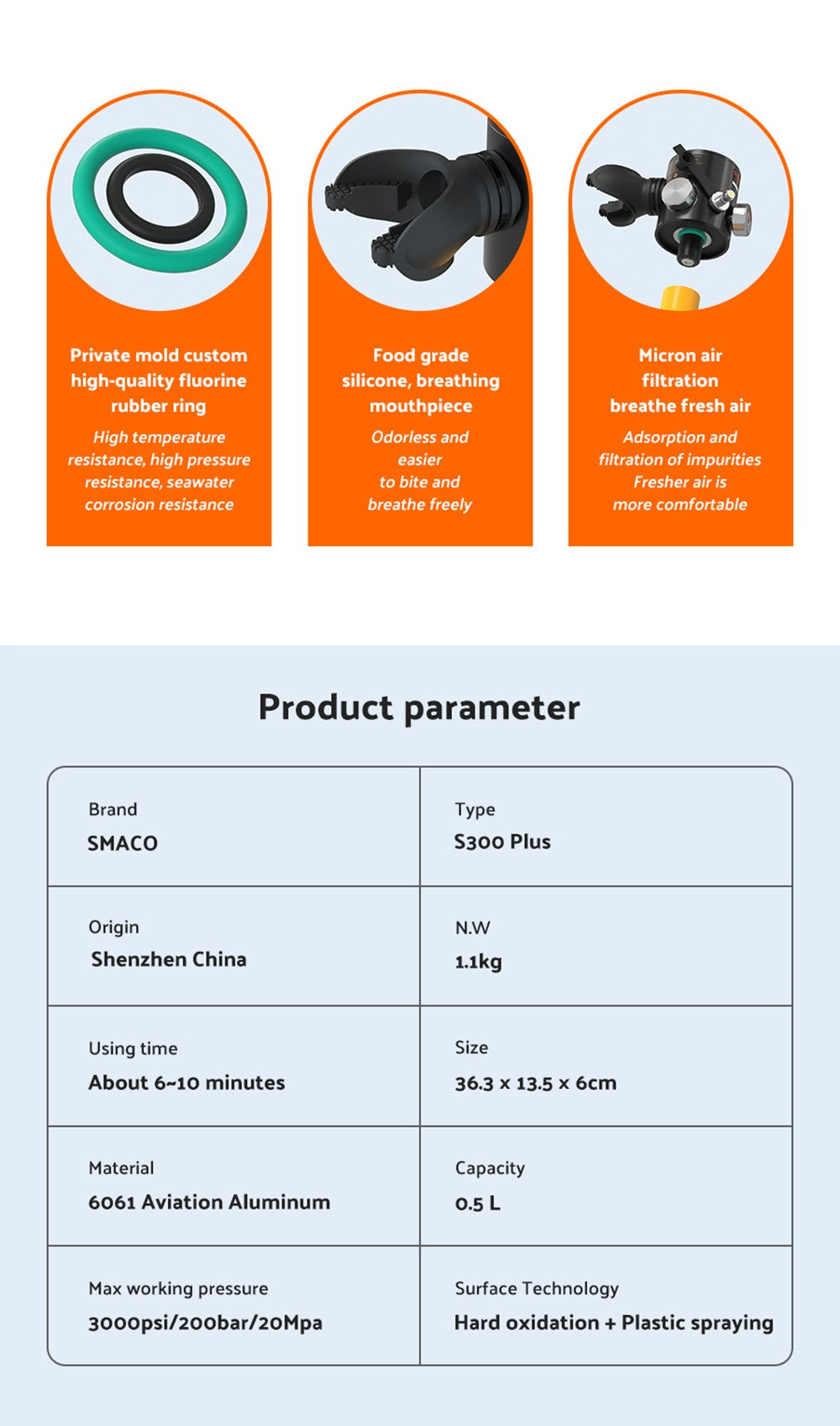 SMACO S300 Plus 0.5L Mini Scuba Tank - Black