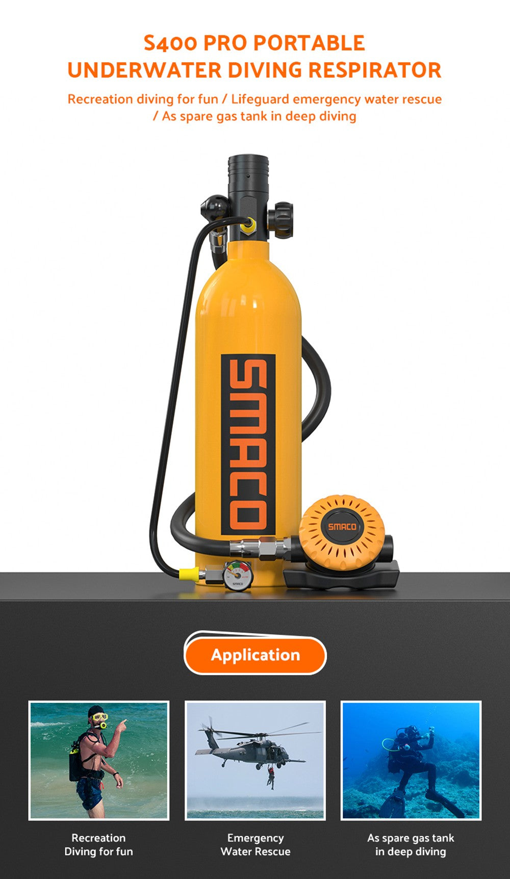 SMACO S400 Pro 1L Scuba Tank - Black