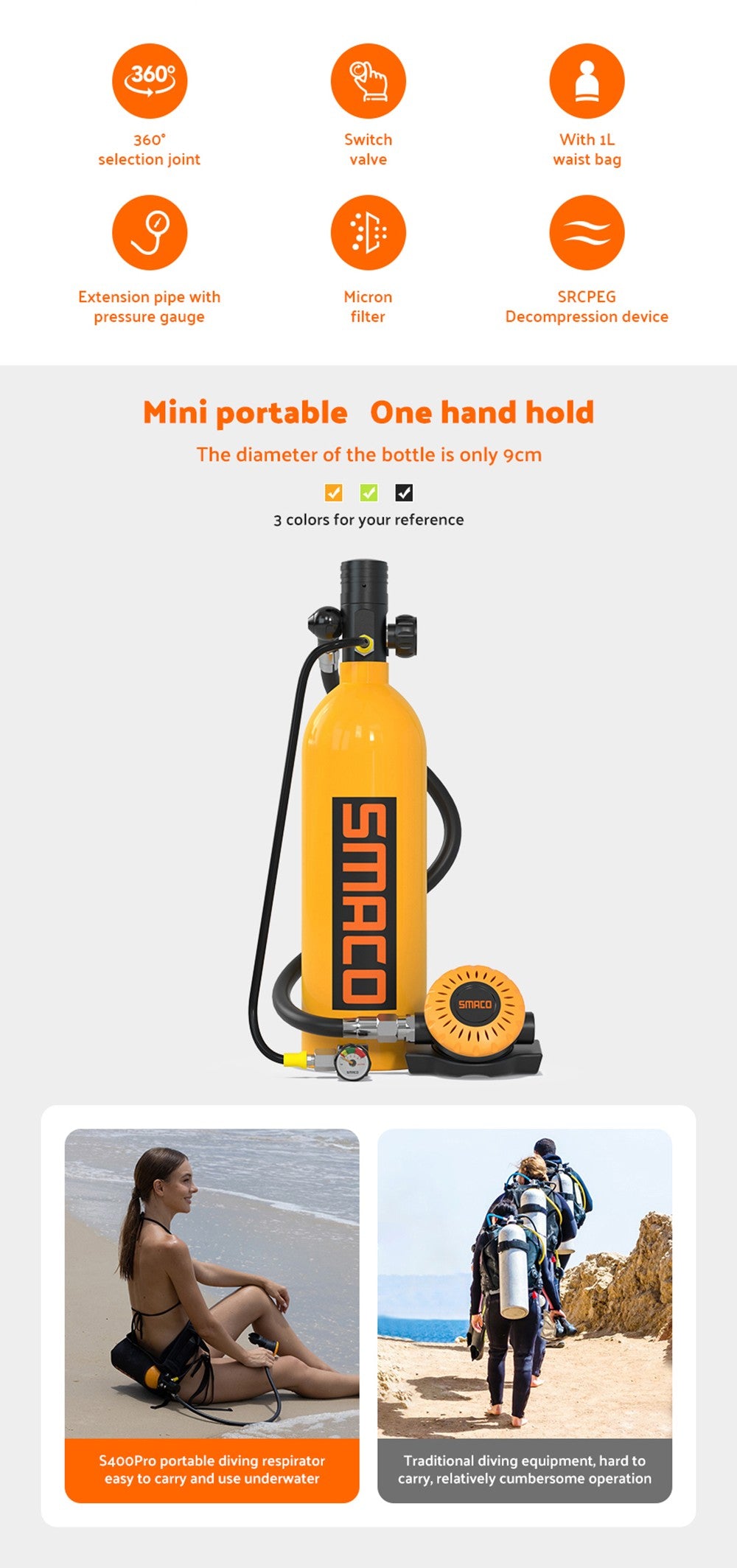 SMACO S400 Pro 1L Scuba Tank - Black