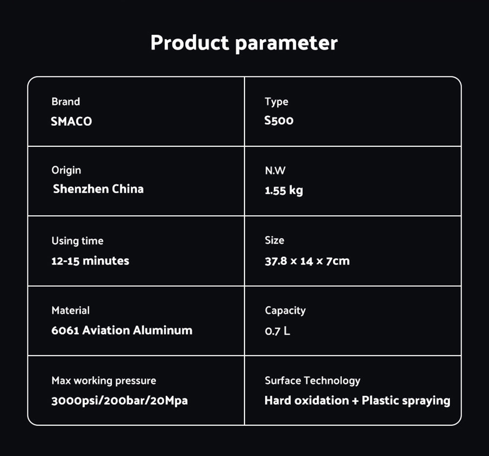 SMACO S500 0.7L Mini Scuba Diving Tank - Black