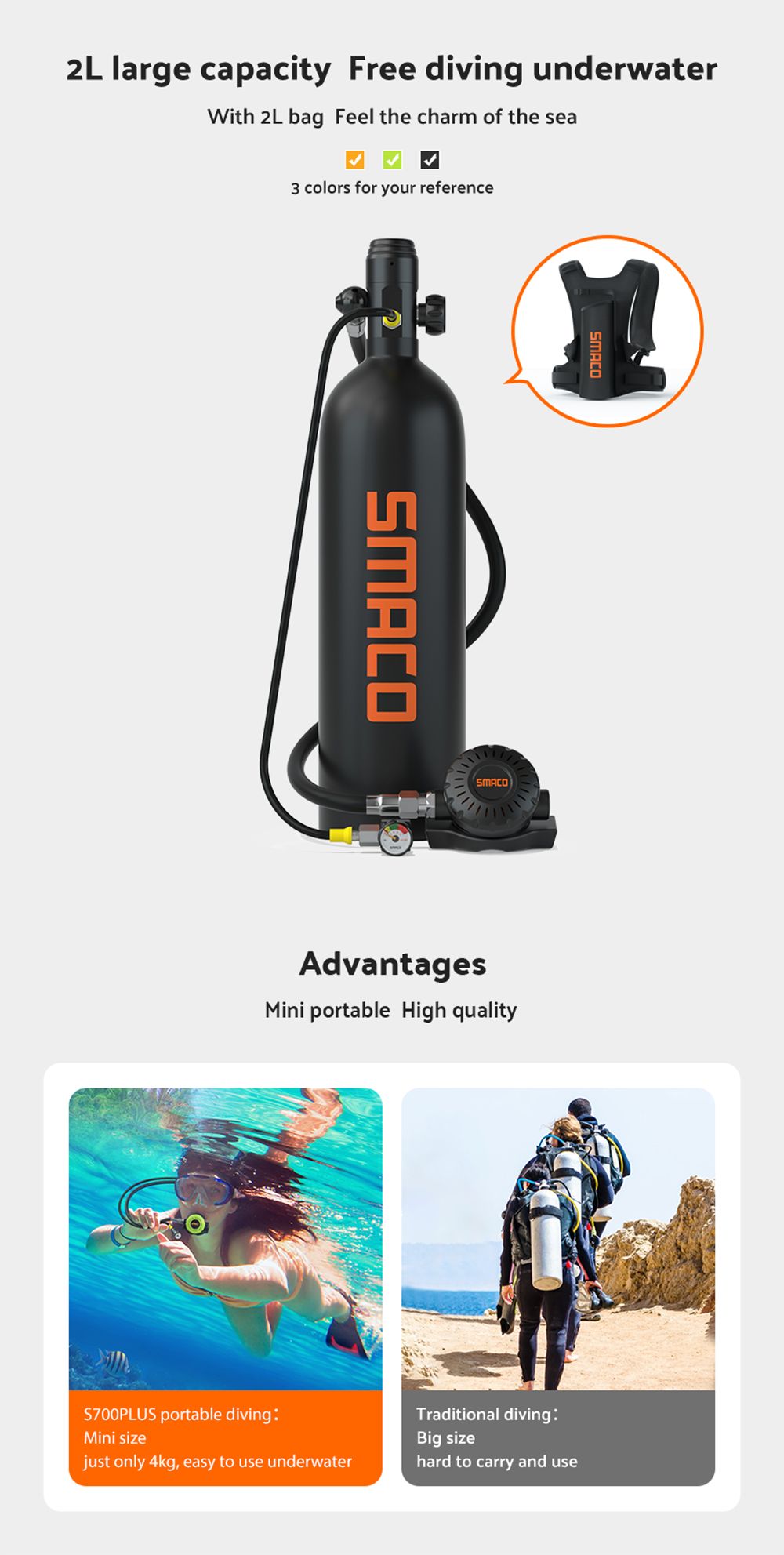 SMACO S700 Plus 2L Scuba Tank - Black