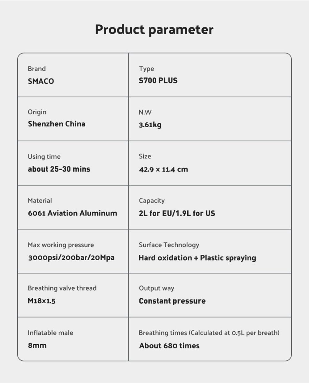 SMACO S700 Plus 2L Scuba Tank - Black