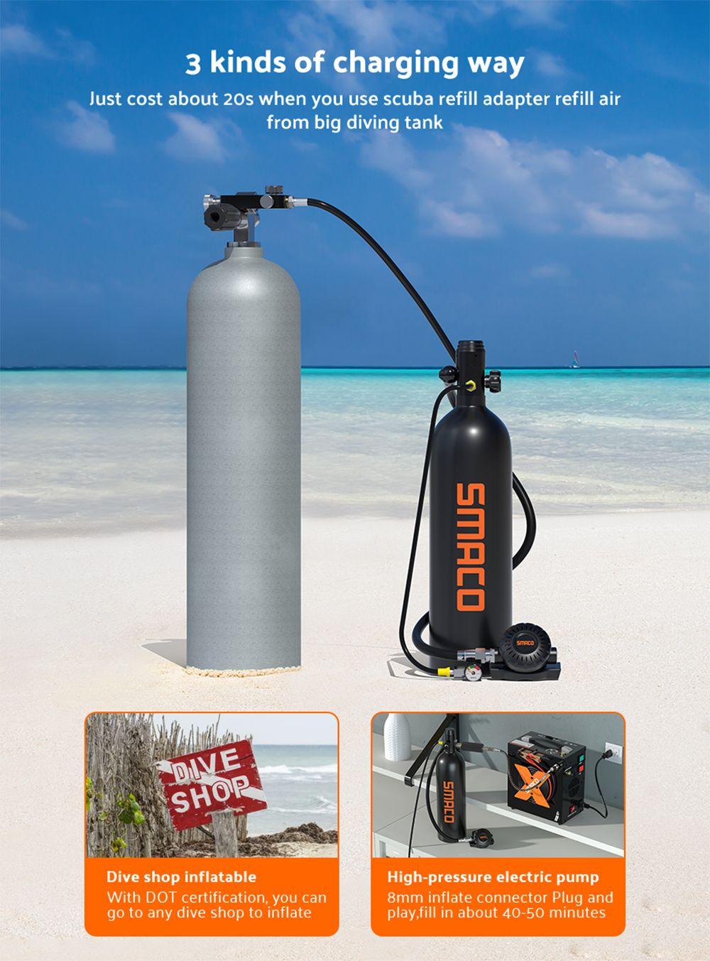 SMACO S700 Plus 2L Scuba Tank - Black