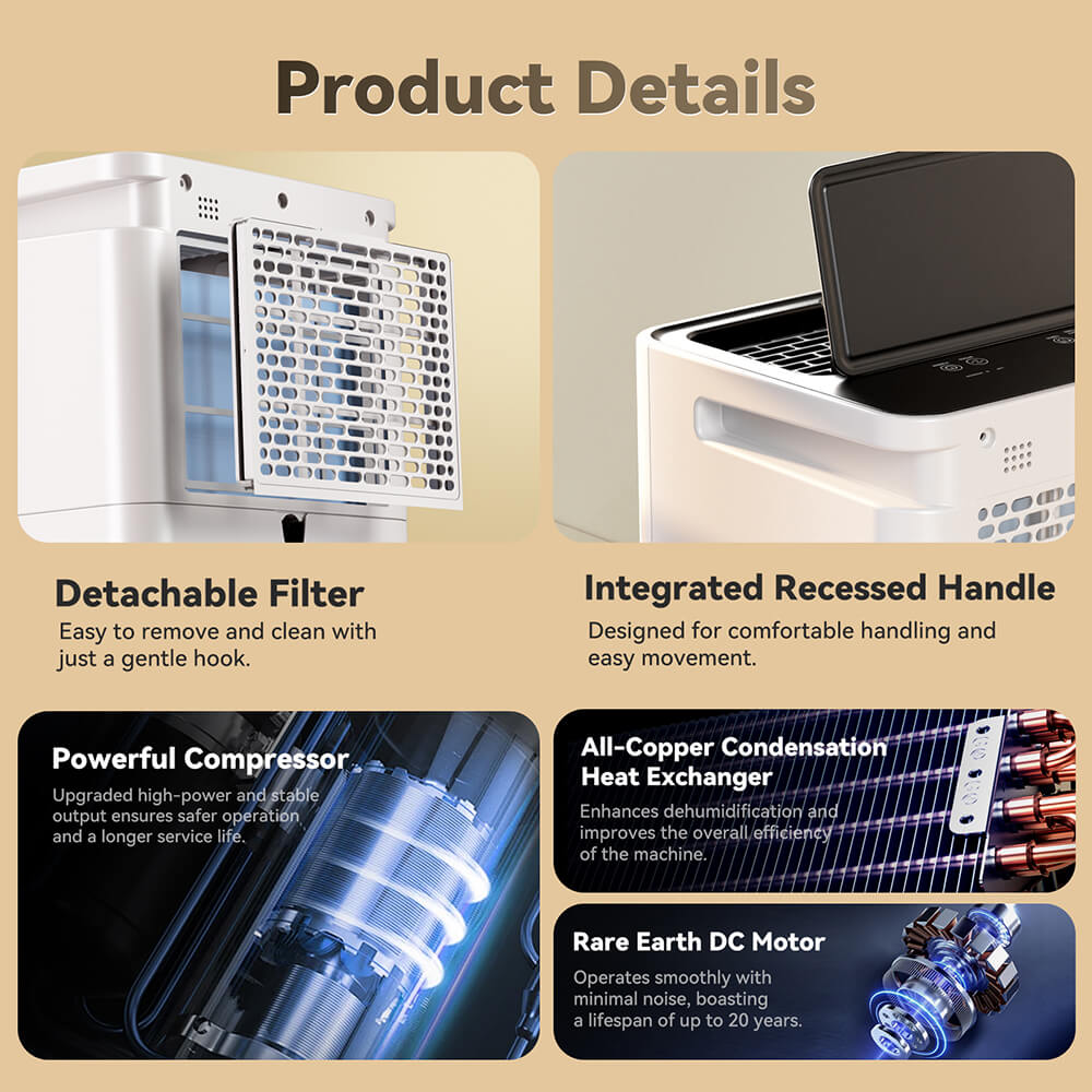 Solayce PD12R-02EE Dehumidifier with 3.2L Water Tank, Flat 35dB Noise and Smart Touch Panel