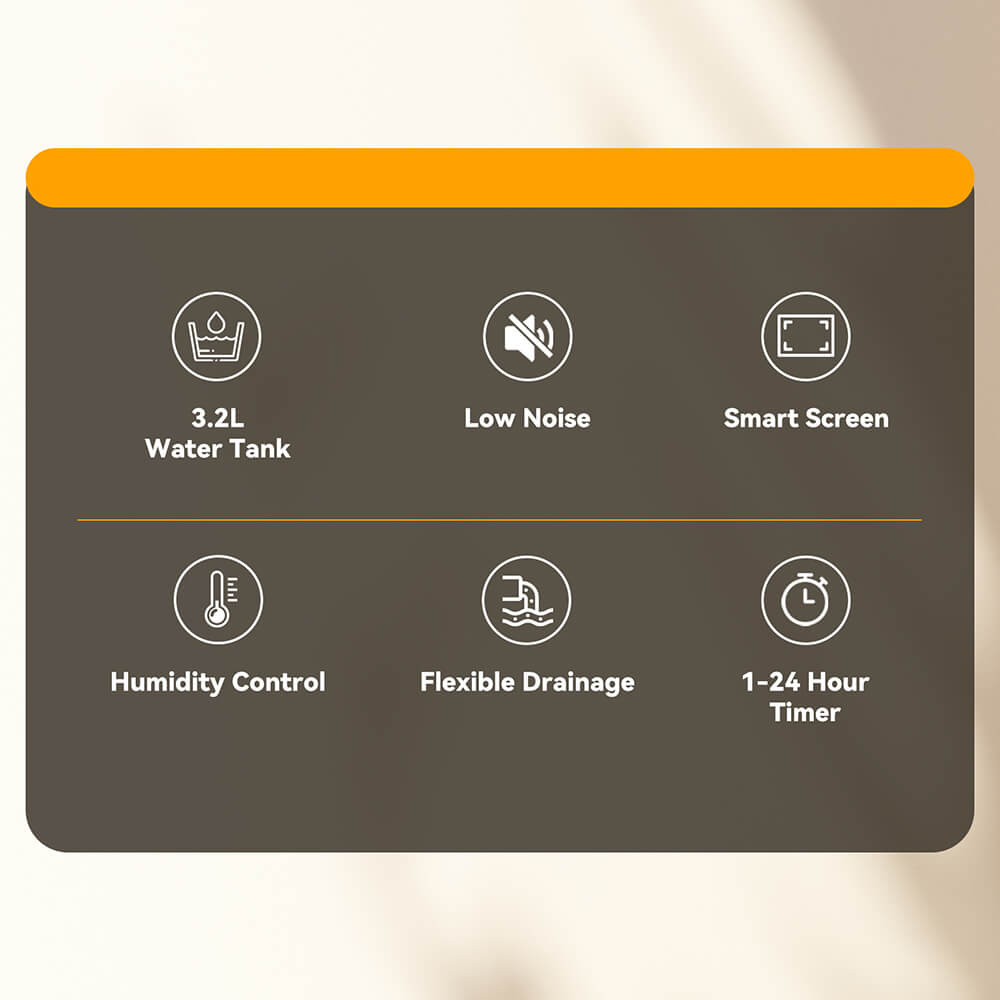 Solayce PD16R-02EE Dehumidifier with 3.2L Water Tank, Flat 35dB Noise and Smart Touch Panel