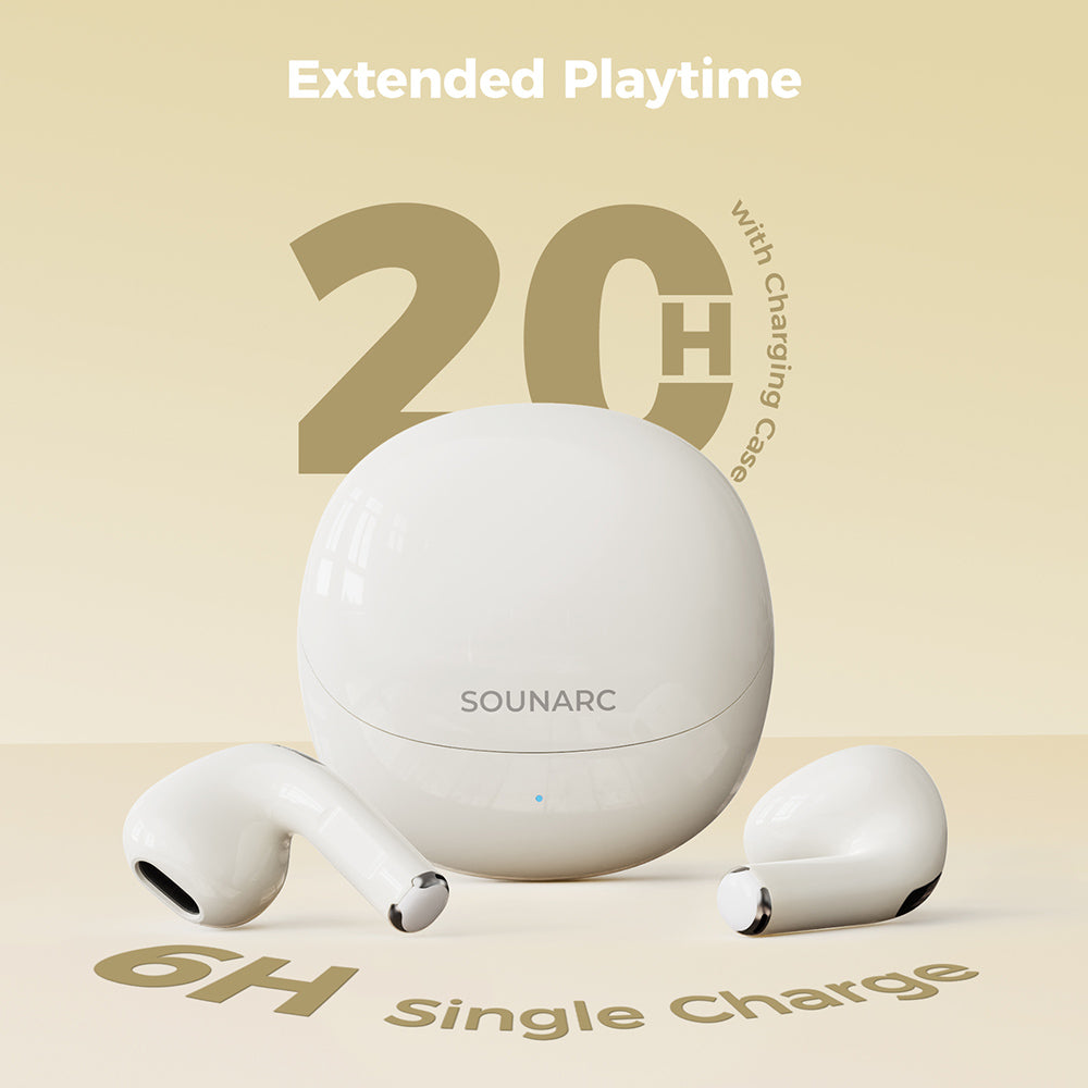 SOUNARC Q3 Earbuds, Bluetooth 5.3, IPX5 Waterproof, Up to 20 Hours Playtime - Beige