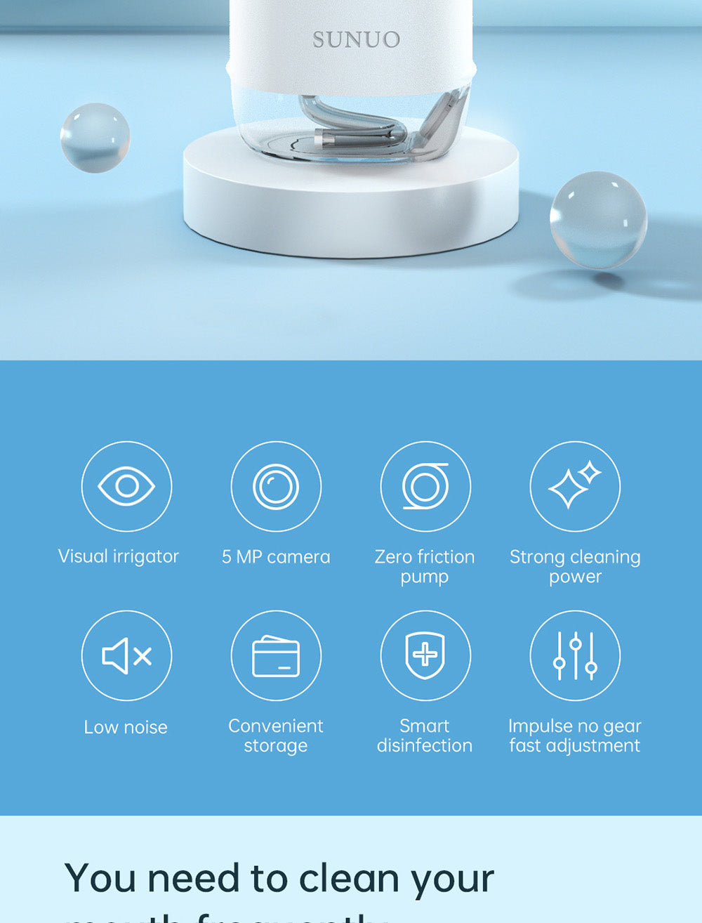 SUNUO C3 PRO Smart Visual Oral Irrigator Dental Washer with UV Sterilization, 5MP HD Camera, WiFi Connection, IPX7 Waterproof - White