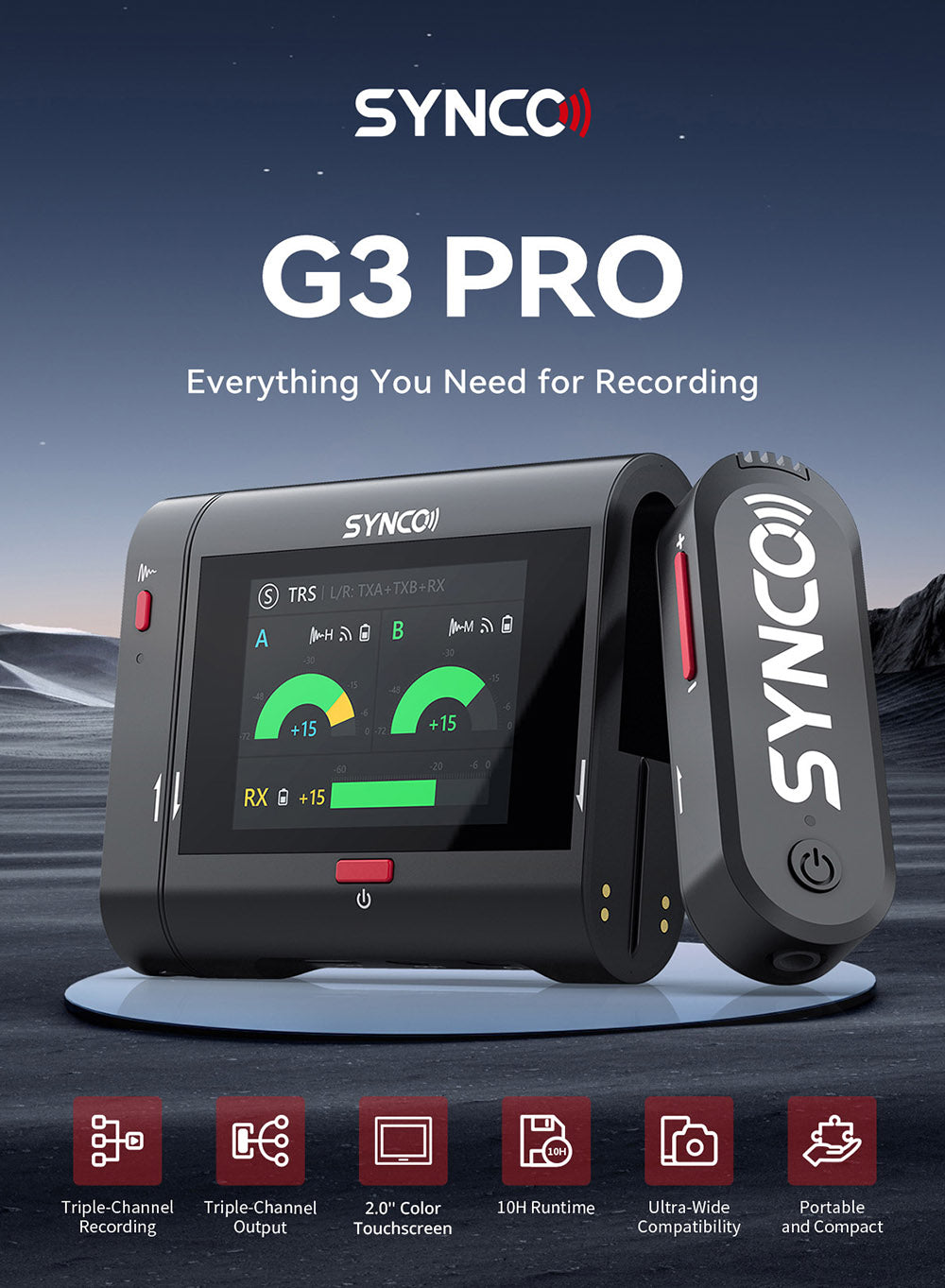 SYNCO G3 Pro Wireless Collar Microphone, 250m 2.4GHz Transmission, 2-inch Touch Screen, 3 Levels of Noise Cancellation, 10 Hours of Continuous Recording