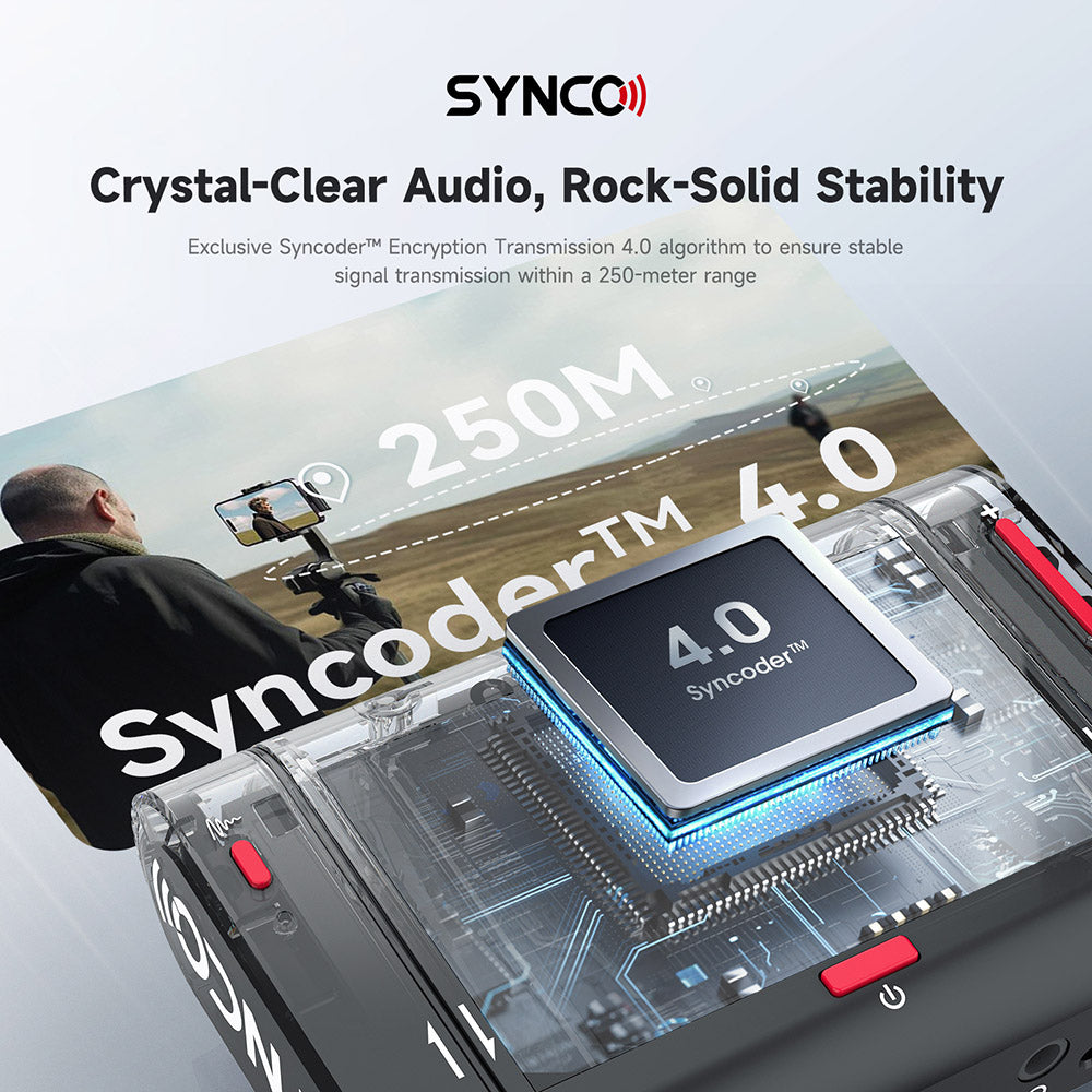 SYNCO G3 Pro Wireless Collar Microphone, 250m 2.4GHz Transmission, 2-inch Touch Screen, 3 Levels of Noise Cancellation, 10 Hours of Continuous Recording