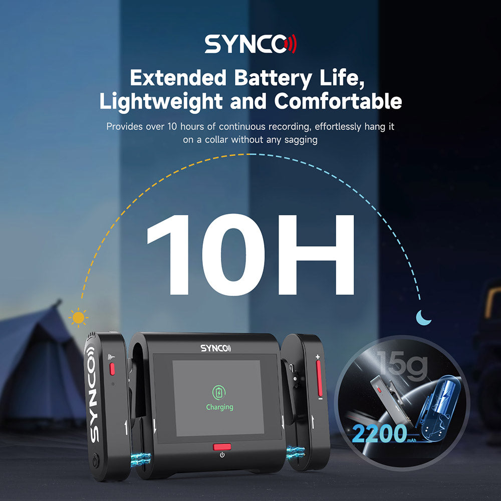 SYNCO G3 Pro Wireless Collar Microphone, 250m 2.4GHz Transmission, 2-inch Touch Screen, 3 Levels of Noise Cancellation, 10 Hours of Continuous Recording