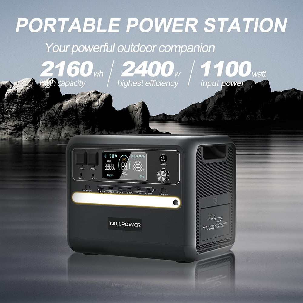 TALLPOWER V2400 Portable Power Station, 2160Wh LiFePo4 Solar Generator, 2400W AC Output, Adjustable Input Power, PD 100W USB-C, UPS Function, LED Light, 13 Outputs