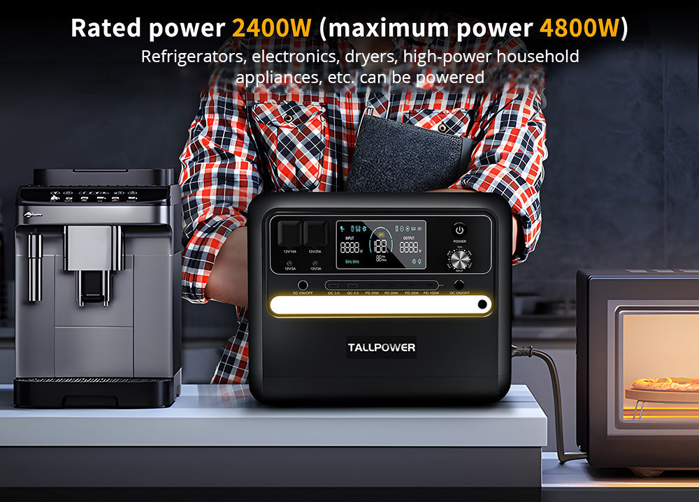 TALLPOWER V2400 Portable Power Station, 2160Wh LiFePo4 Solar Generator, 2400W AC Output, Adjustable Input Power, PD 100W USB-C, UPS Function, LED Light, 13 Outputs