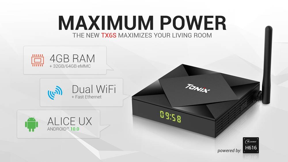 TANIX TX6S TV Box Android 10.0 AllWinner H616 4GB DDR3 RAM 64GB eMMC ROM 2.4/5.8G Dual WiFi 100Mbps LAN USB 2.0
