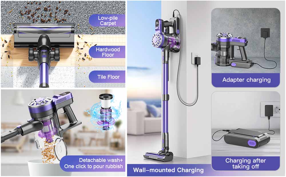 Teendow V07 Cordless Vacuum Cleaner, 12KPa Powerful Suction, 30min Runtime, 2200mAh Battery, 0.9L Dust Cup, 5-Stage Filtration, Wall-Mounted Design for Hard Floors & Carpets