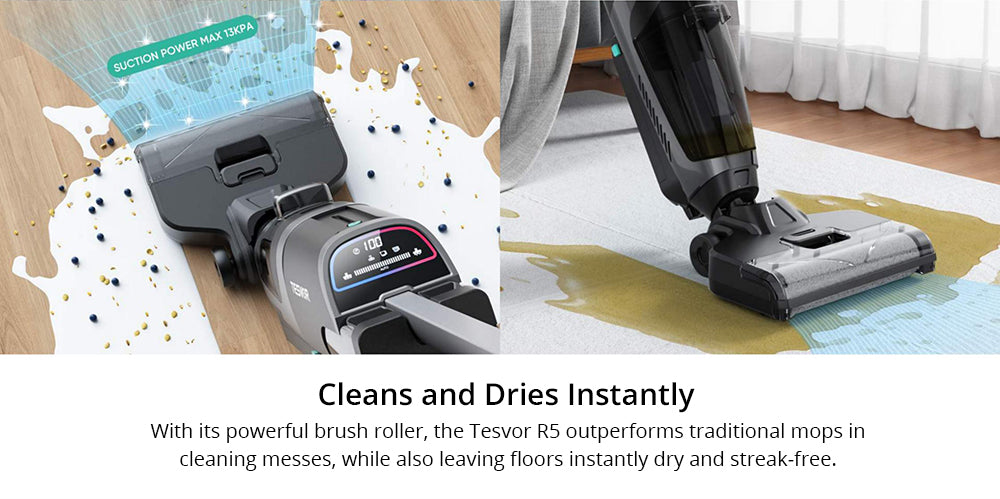 Tesvor R5 Pro Cordless Wet Dry Vacuum Cleaner, 13000Pa Suction, Self-Cleaning, 900ml Water Tank, Smart Dirt Sensor, 45min Max Runtime, 3800mAh Battery, Voice Control, LED Display