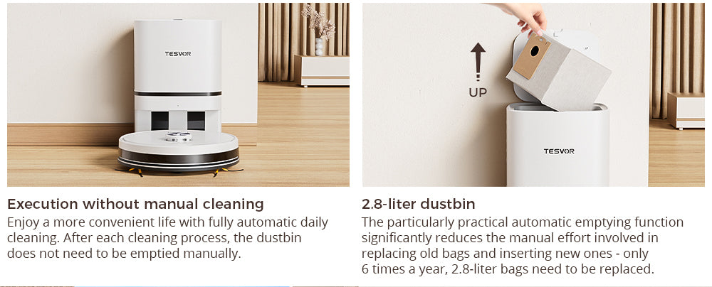 Tesvor S7 Pro AES Robot Vacuum Cleaner with Automatic Empty Station, Mopping Function, 6000Pa Suction, Laser Navigation, 600ml Dustbin, 2.8L Dust Bag, 180Mins Runtime, App Control / Remote Control - White