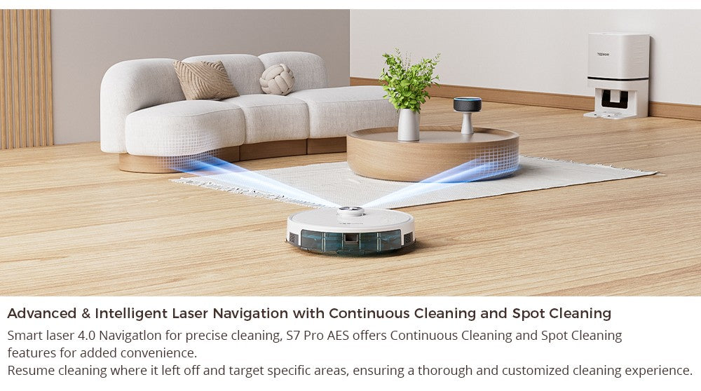 Tesvor S7 Pro AES Robot Vacuum Cleaner with Automatic Empty Station, Mopping Function, 6000Pa Suction, Laser Navigation, 600ml Dustbin, 2.8L Dust Bag, 180Mins Runtime, App Control / Remote Control - White
