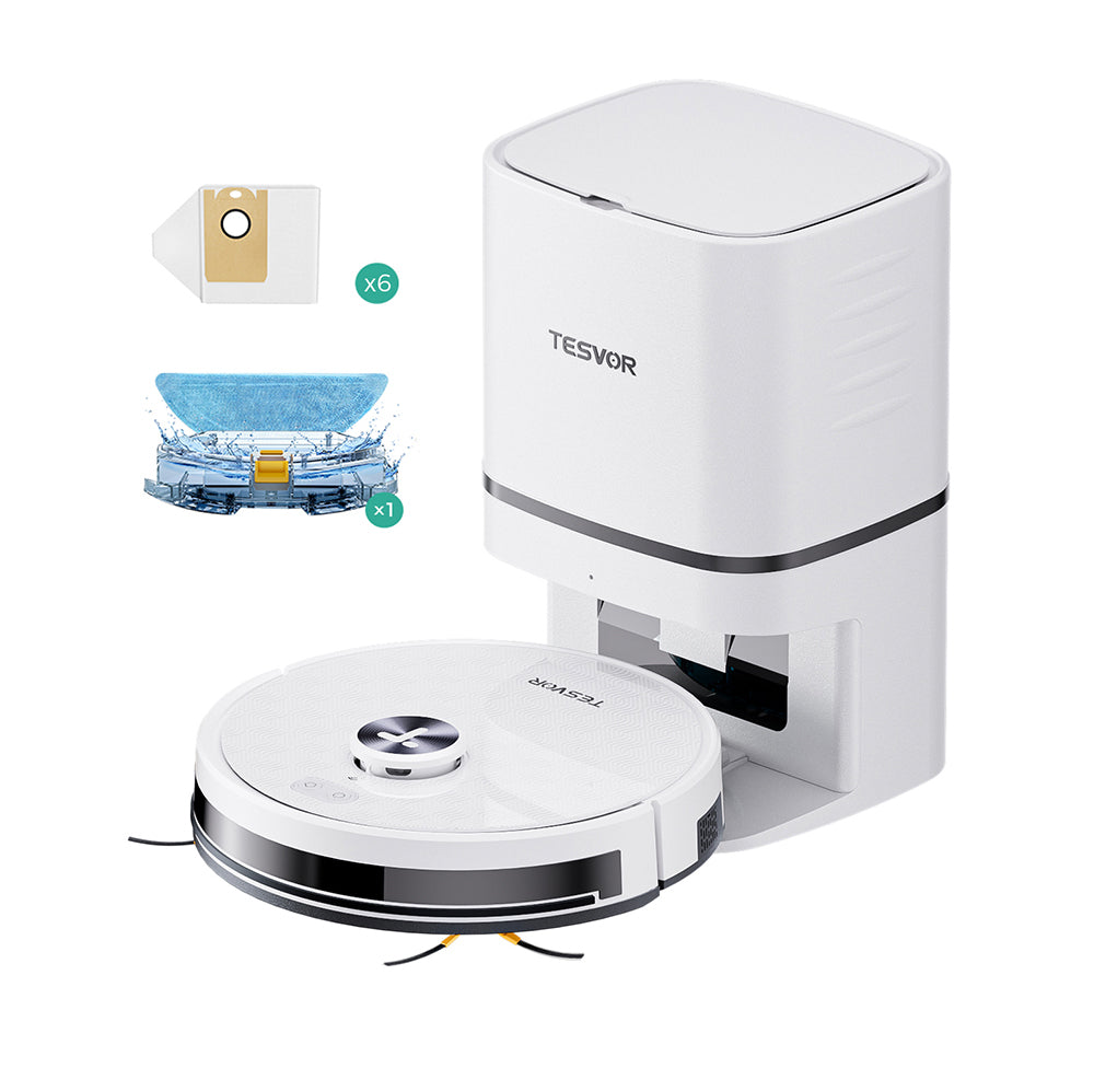 Tesvor S7 Pro AES Robot Vacuum Cleaner with Automatic Empty Station, Mopping Function, 6000Pa Suction, Laser Navigation, 600ml Dustbin, 2.8L Dust Bag, 180Mins Runtime, App Control / Remote Control - White