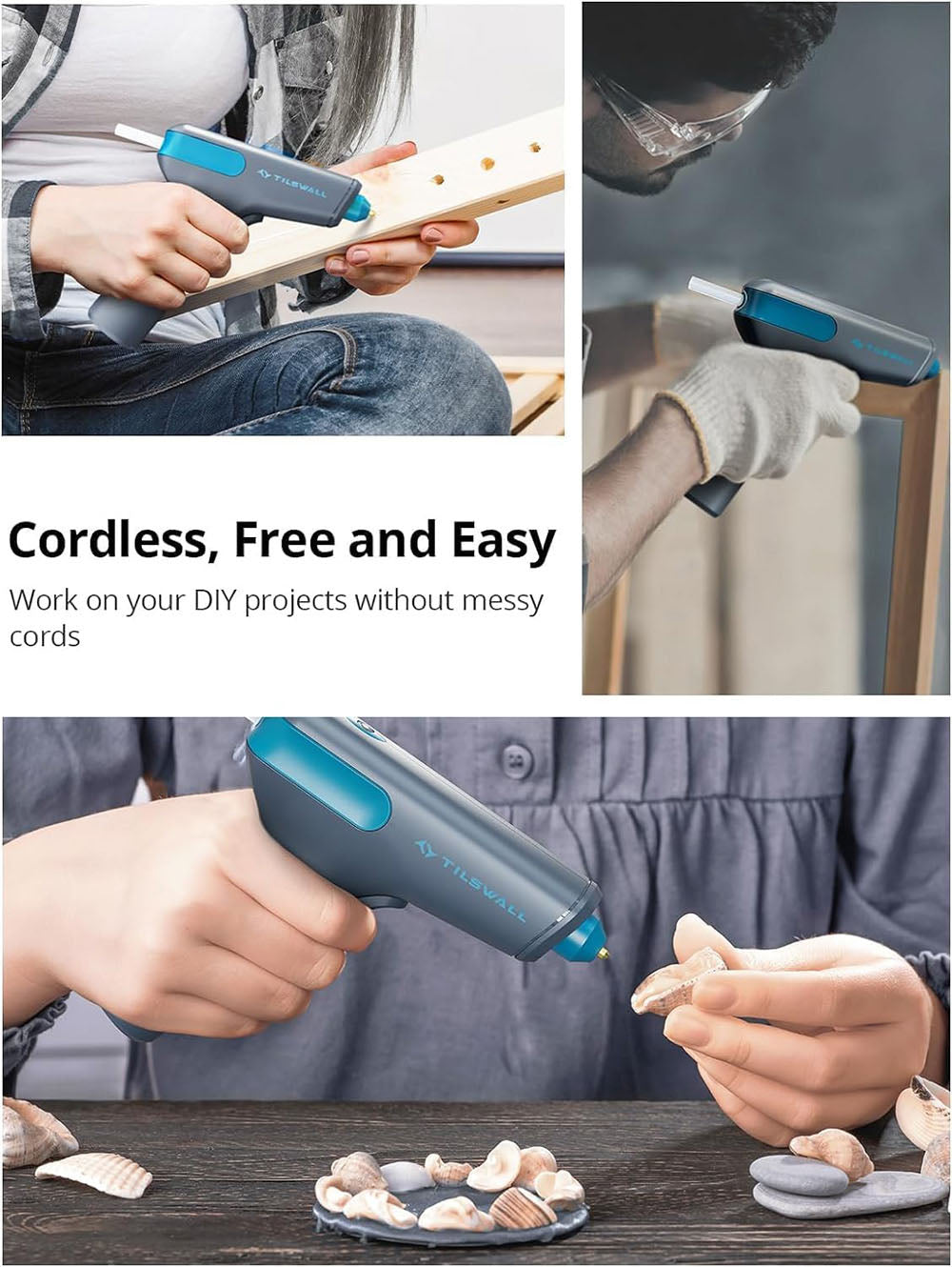 Tilswall W104 4V Cordless Hot Glue Gun, 15s Fast Preheating, 2200mAh USB-C Rechargeable, Smart Power-off