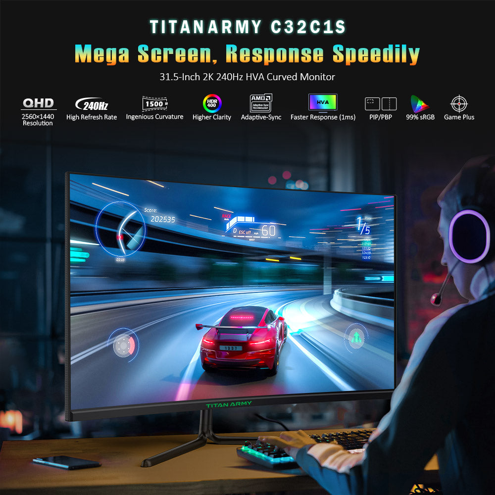 TITAN ARMY C32C1S Gaming monitors with 31.5 Inches Screen, 2K Resolution, 240Hz High Refresh Rate