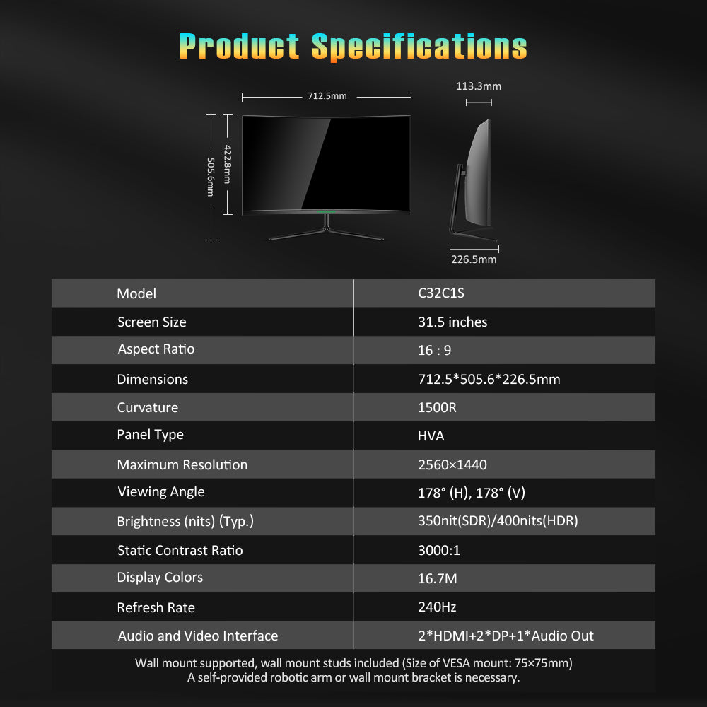 TITAN ARMY C32C1S Gaming monitors with 31.5 Inches Screen, 2K Resolution, 240Hz High Refresh Rate