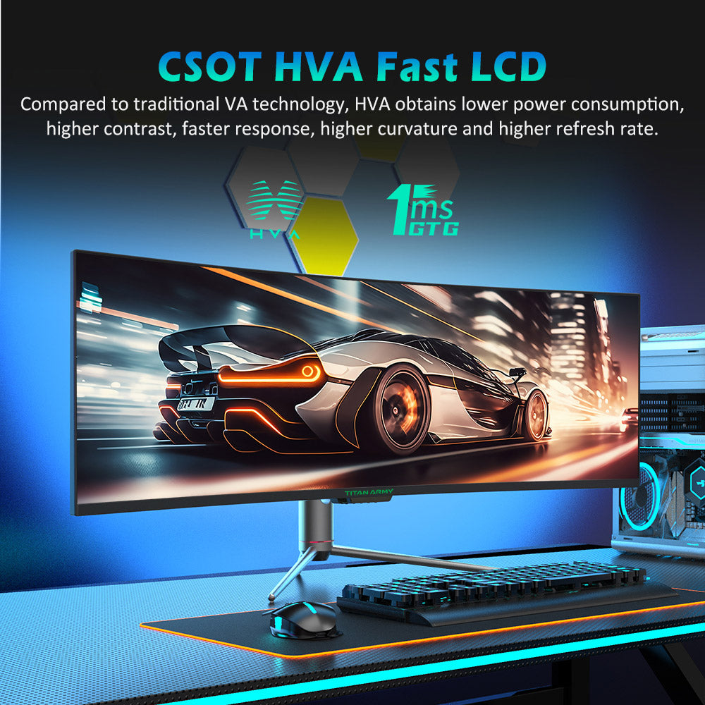 TITAN ARMY C49SHC 49-inch Gaming Monitor, 3840*1080 CSOT HVA Panel, 32:9 Oversized Curved Screen, 144Hz High Refresh Rate, Smart PIP/PBP Split Screen, Adaptive-Sync, 1*HDMI 2.0 1*DP 1.4 1*Full-Feature USB-C 1*USB-B 2*USB-A, 65W Reverse Charging