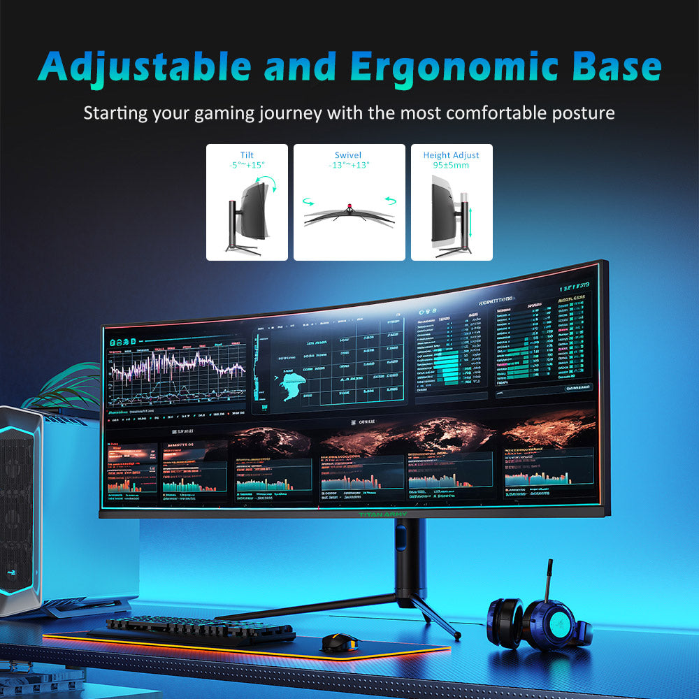 TITAN ARMY C49SHC 49-inch Gaming Monitor, 3840*1080 CSOT HVA Panel, 32:9 Oversized Curved Screen, 144Hz High Refresh Rate, Smart PIP/PBP Split Screen, Adaptive-Sync, 1*HDMI 2.0 1*DP 1.4 1*Full-Feature USB-C 1*USB-B 2*USB-A, 65W Reverse Charging