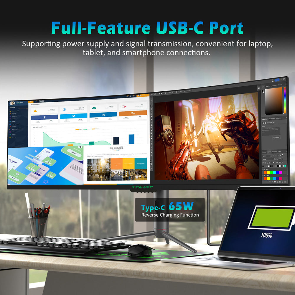 TITAN ARMY C49SHC 49-inch Gaming Monitor, 3840*1080 CSOT HVA Panel, 32:9 Oversized Curved Screen, 144Hz High Refresh Rate, Smart PIP/PBP Split Screen, Adaptive-Sync, 1*HDMI 2.0 1*DP 1.4 1*Full-Feature USB-C 1*USB-B 2*USB-A, 65W Reverse Charging